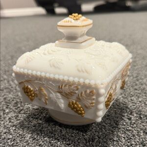 Westmoreland Milk Glass & Gold Decorative Covered Jar Cake Box Vintage
